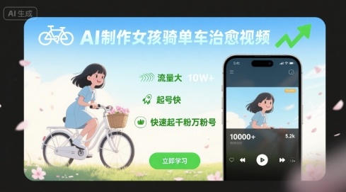 AI制作女孩骑单车治愈视频，流量大，起号快，快速起千粉万粉号-贝贝云网创
