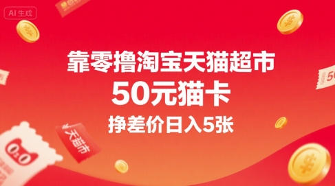 靠零撸淘宝天猫超市50元猫卡，挣差价日入5张-贝贝云网创