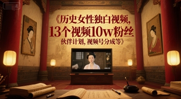 历史女性独白视频，13个视频10w粉丝，伙伴计划，视频号分成等-贝贝云网创