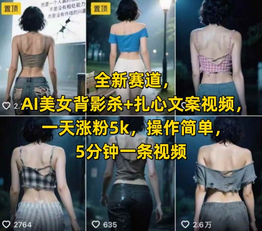 全新赛道，AI美女背影杀+扎心文案视频，一天涨粉5k，操作简单，5分钟一条视频-贝贝云网创