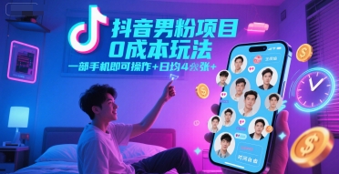 抖音男粉项目0成本玩法，一部手机即可操作，日均4张+，时间自由-贝贝云网创