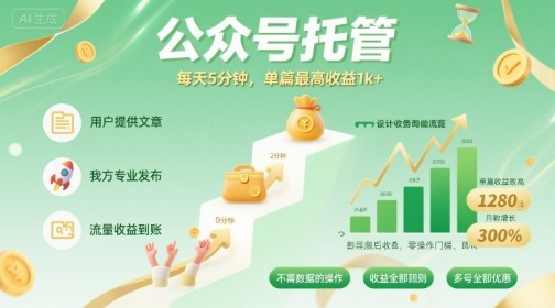 【公众号托管 】我提供文章，你发布，每天5分钟，单篇最高收益1k+【揭秘】-贝贝云网创