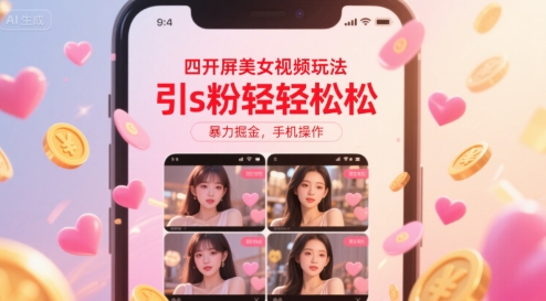 四开屏美女视频玩法，引s粉轻轻松松，暴力掘金，手机操作【揭秘】-贝贝云网创