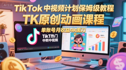 TikTok中视频计划保姆级教程，TK原创动画课程，单账号月收益4k美刀-贝贝云网创