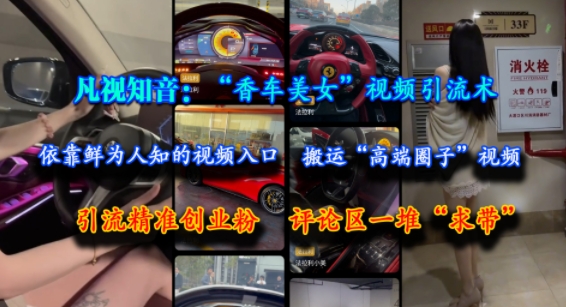 凡视知音：“香车美女”视频引流术，依靠鲜为人知的视频入口，搬运“高端圈子”视频，引流精准创业粉，评论区一堆“求带”-贝贝云网创