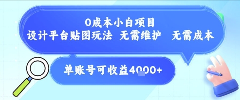 0成本小白项目，设计平台贴图玩法，无需维护，无需成本，单账号单月可产生收益4k+-贝贝云网创