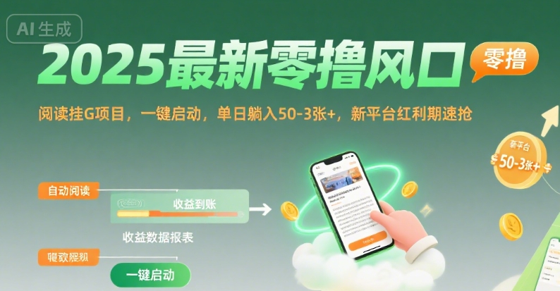 2025最新零撸风口，阅读挂G项目，一键启动，单日躺入 50-3张+，新平台红利期速抢【揭秘】-贝贝云网创