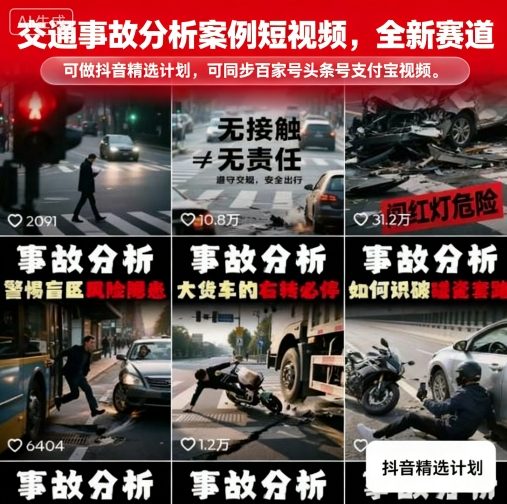 交通事故分析案例短视频，全新赛道，可做抖音精选计划，可同步百家号头条号支付宝视频号平台-贝贝云网创