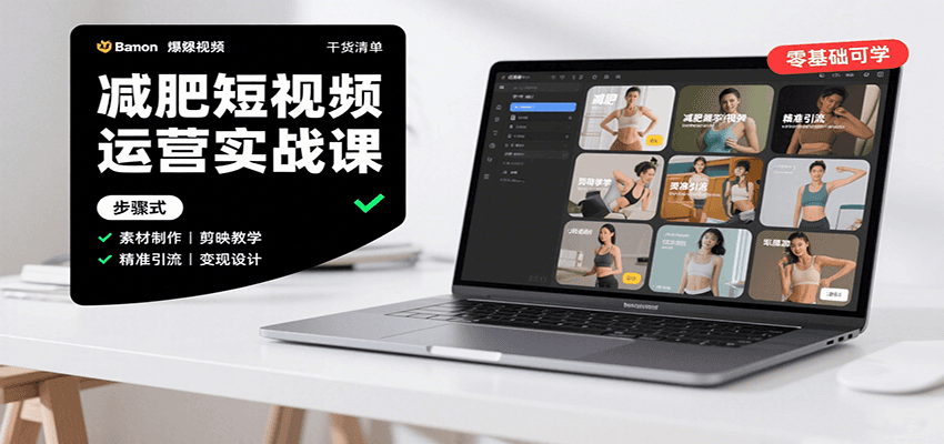 减肥短视频运营实战课：含素材制作、剪映教学，讲精准引流、变现设计与内容模板技巧-贝贝云网创