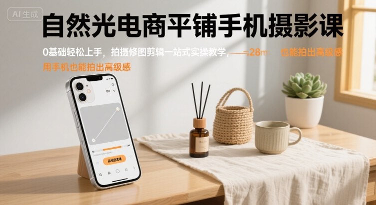 自然光电商平铺手机摄影课，0基础轻松上手，拍摄修图剪辑一站式实操教学，用手机也能拍出高级感-贝贝云网创