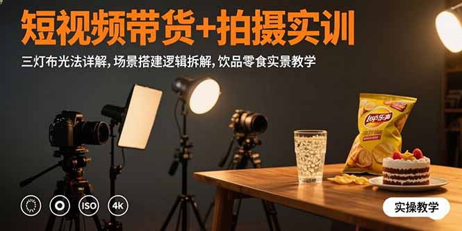 短视频带货+拍摄实训：三灯布光法详解,场景搭建逻辑拆解,饮品零食实景教学-贝贝云网创