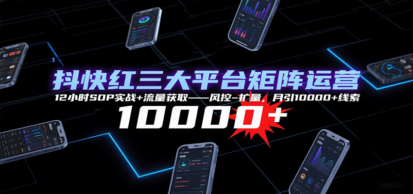抖快红三大平台矩阵运营，12小时SOP实战+流量获取-风控-扩量，月引10000+线索-贝贝云网创