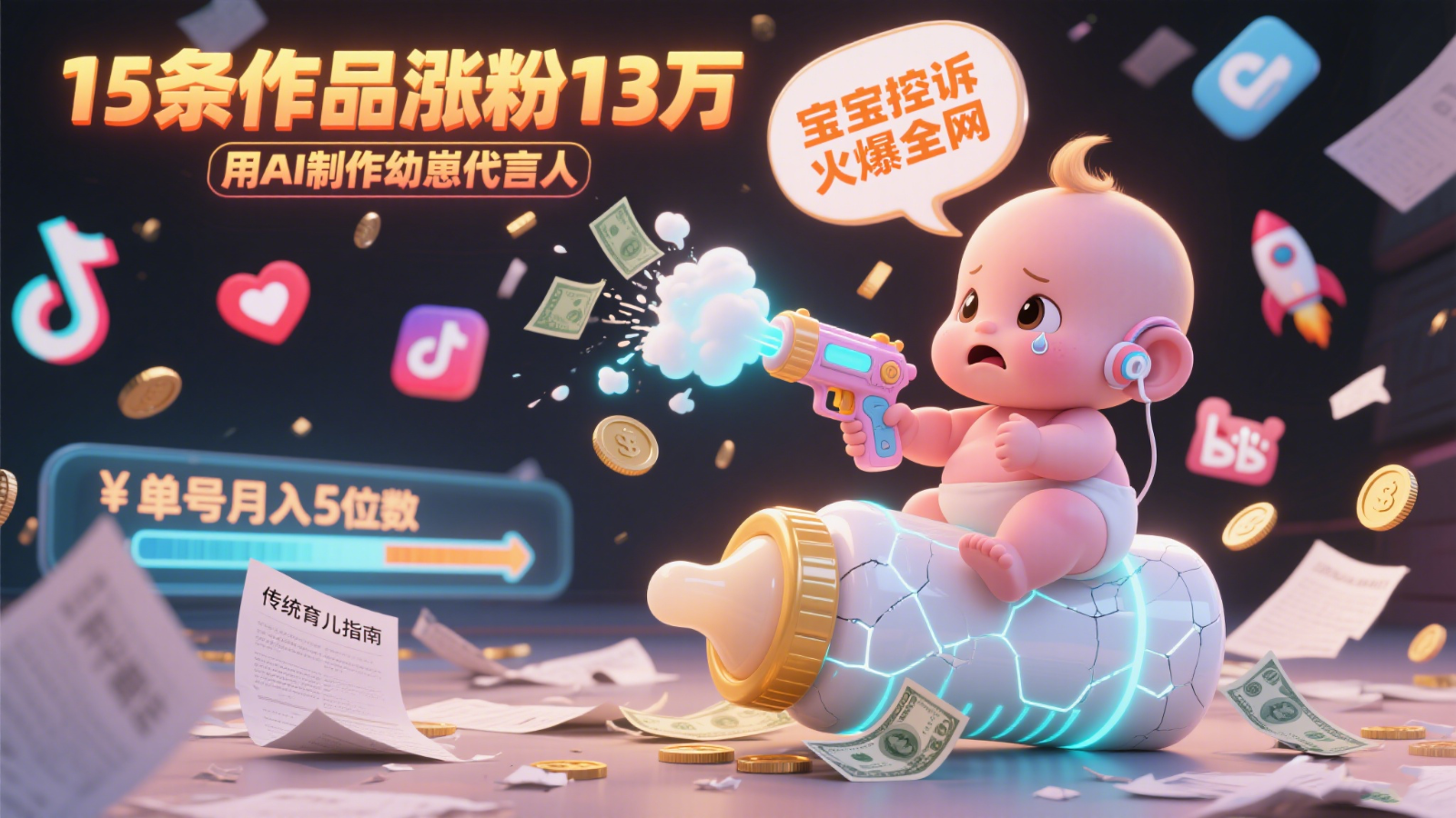 用AI制作幼崽代言人，宝宝的控诉火爆全网，15条作品涨粉13万，单号月入5位数实操教程-贝贝云网创