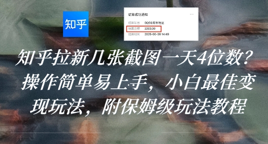 知乎拉新几张截图一天4位数？操作简单易上手，小白最佳变现玩法，附保姆级玩法教程-贝贝云网创