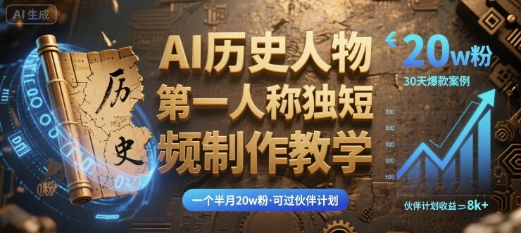 最新AI历史人物第一人称独白短视频制作教学，一个半月20w粉，可过伙伴计划-贝贝云网创