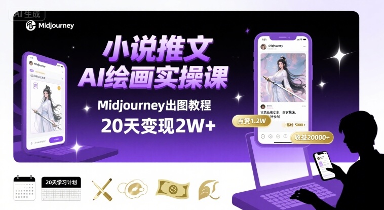 小说推文干货分享之AI绘画MJ出图实操课，用Midjourney做小说推文，20天挣2w-贝贝云网创