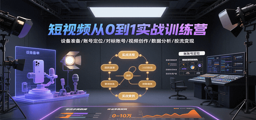 短视频从0到1实战训练营：设备准备/账号定位/对标账号/视频创作/数据分析/投流变现-贝贝云网创