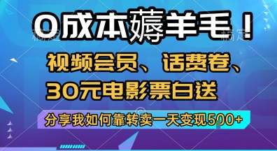 0成本薅羊毛!视频会员、话费卷、30元电影票白送，分享我如何靠转卖一天变现5张+【揭秘】-贝贝云网创