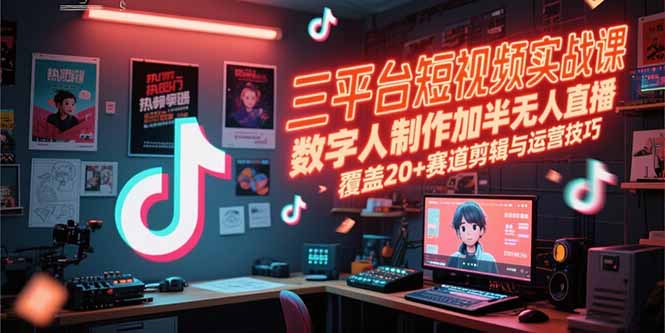 三平台短视频实战课，数字人制作加半无人直播，覆盖20+赛道剪辑与运营技巧-贝贝云网创