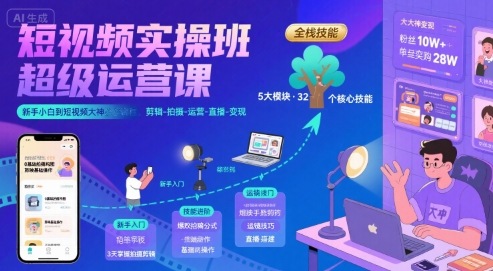 短视频实操班超级运营课，新手小白到短视频大神必修课程，剪辑-拍摄-运营-直播-变现-贝贝云网创