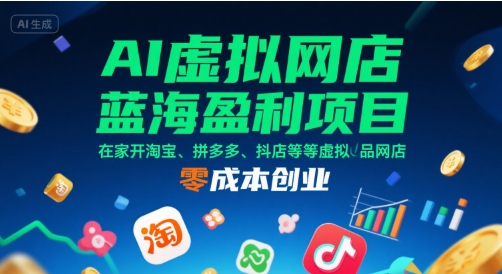 AI虚拟网店蓝海盈利项目，在家开淘宝、拼多多、抖店等虚拟品网店，零成本创业-贝贝云网创